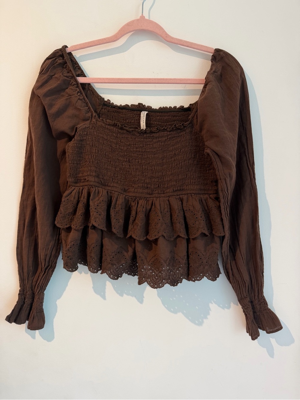 American Eagle Outfitters Chocolate Brown Smocked Eyelet Peasant Top - Picture 4 of 6